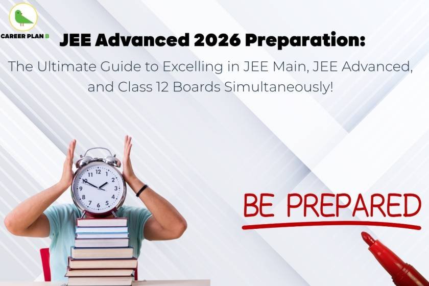 JEE Advanced 2026 Preparation banner with the title 'The Ultimate Guide to Excelling in JEE Main, JEE Advanced, and Class 12 Boards Simultaneously!' A student sits behind a stack of books, holding an alarm clock in front of their face, symbolizing time management. On the right side, 'BE PREPARED' is written in red with a red marker pen. The Career Plan B logo featuring a green bird is at the top-left corner