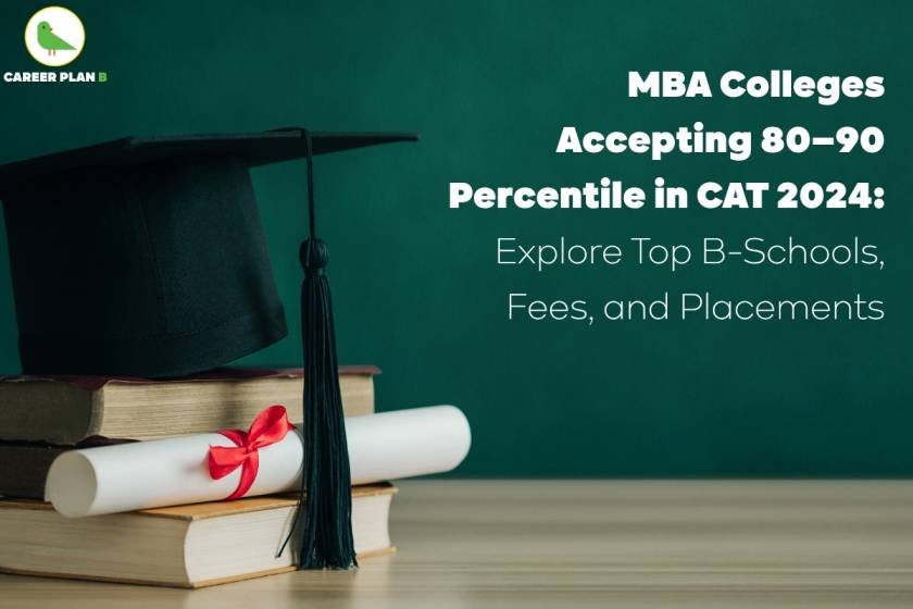 MBA colleges 80-90 percentile CAT cover image showing bold white text “MBA Colleges Accepting 80–90 Percentile in CAT 2024: Explore Top B-Schools, Fees, and Placements” on a green chalkboard-style background, with a black graduation cap and tassel resting on a stack of three books, a rolled white diploma tied with red ribbon on the books, light wooden tabletop surface, and Career Plan B logo with green bird in circle at the top left corner.