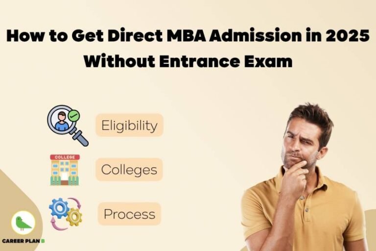 Direct MBA admission 2025 cover image with bold black text “How to Get Direct MBA Admission in 2025 Without Entrance Exam” on light beige background, featuring icons for Eligibility with magnifying glass and person, Colleges with building graphic, and Process with gears, alongside a photo of a thoughtful young man in mustard polo shirt on the right, and Career Plan B logo with green bird in circle at the bottom left corner.