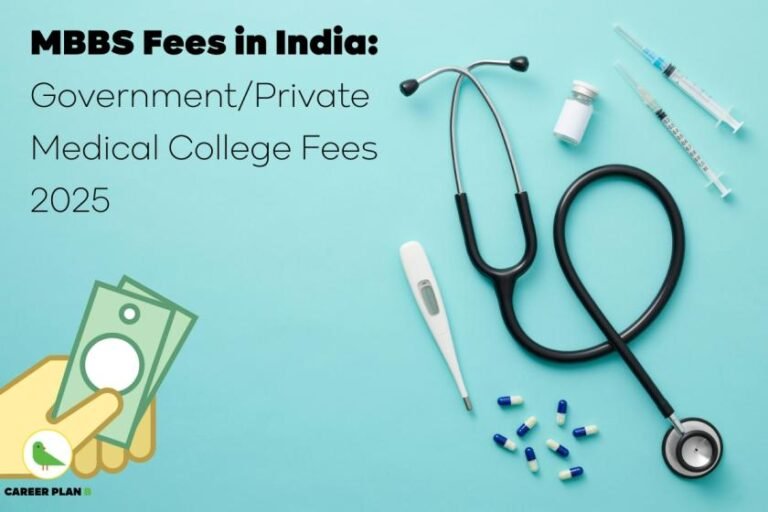 Informative banner on MBBS Fees in India 2025 featuring text 'Government/Private Medical College Fees 2025' on a blue background. Right side displays medical objects including a stethoscope, digital thermometer, capsules, tablets, syringes, a vial, and a needle, symbolizing healthcare and medical education. Bottom left features a cartoon hand holding currency notes with Career Plan B logo, visually linking fees to medical admissions.