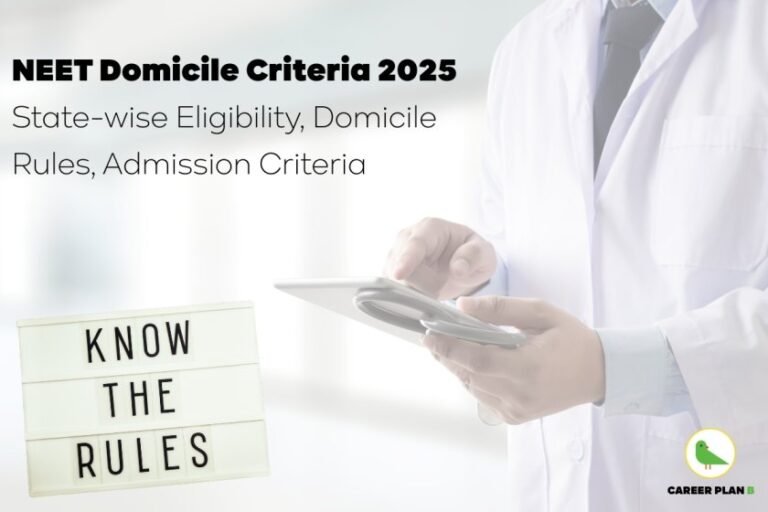 NEET Domicile Criteria 2025 featured image with a soft white and light grey background showing a professional medical doctor in a white lab coat and tie on the right-hand side, holding and using a digital tablet with one hand while interacting with it using the other hand. On the top-left corner, the bold black heading text reads “NEET Domicile Criteria 2025,” followed by a smaller subheading in thin, dark font stating “State-wise Eligibility, Domicile Rules, Admission Criteria.” At the bottom-left of the image, there is a glowing white lightbox with black block letters spelling out “KNOW THE RULES,” placed slightly slanted for emphasis. In the bottom-right corner of the image, the green bird logo of Career Plan B is displayed inside a yellow circle, with the text “CAREER PLAN B” in bold black capital letters beneath it. The image conveys regulatory clarity and medical professionalism, aligned with NEET domicile rules and eligibility awareness for 2025 aspirants.