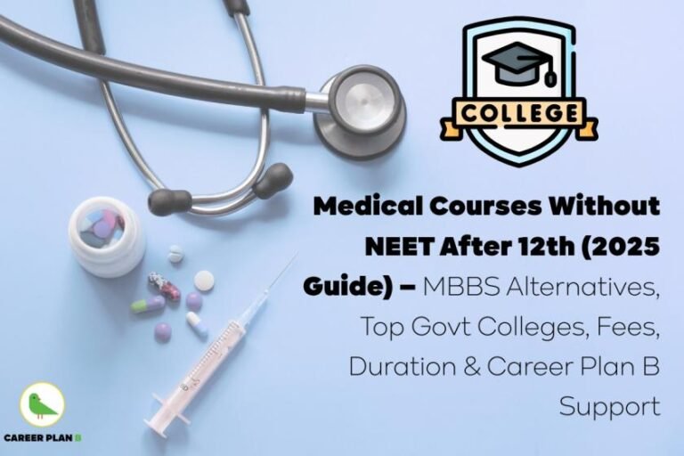 Educational banner titled 'Medical Courses Without NEET After 12th (2025 Guide)' featuring a light blue background with scattered colorful pills, a transparent medicine bottle, and a pink-tipped disposable syringe lying diagonally. A black and silver stethoscope arcs across the top of the image, suggesting the medical theme. On the right side, bold black text highlights key details such as MBBS alternatives, top government colleges, course fees, durations, and Career Plan B guidance. Above the text is a college-themed icon showing a graduation cap inside a blue shield, and at the bottom-left corner, the green bird logo of Career Plan B is prominently displayed, reinforcing branding and authenticity.
