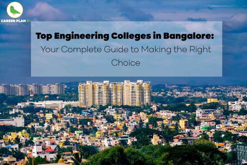 A cityscape view of Bangalore, India, with a mix of colorful low-rise buildings and tall residential towers under a partly cloudy sky. Overlaid text in the center reads: "Top Engineering Colleges in Bangalore: Your Complete Guide to Making the Right Choice." The logo "Career Plan B" with a green bird icon appears in the top-left corner. The image represents an educational and informational guide for students exploring top engineering colleges in Bangalore.