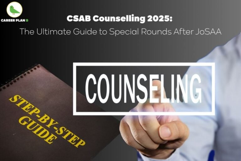 A graphic titled “CSAB Counselling 2025: The Ultimate Guide to Special Rounds After JoSAA.” The image features a person in a white shirt pointing toward a transparent rectangular overlay with the word “COUNSELING” written in bold white uppercase letters. To the left, there’s a brown spiral-bound notebook with the title “STEP-BY-STEP GUIDE” in large yellow text. The "Career Plan B" logo with a green bird icon appears in the top-left corner. The image visually emphasizes guidance and stepwise planning for CSAB special rounds after JoSAA.