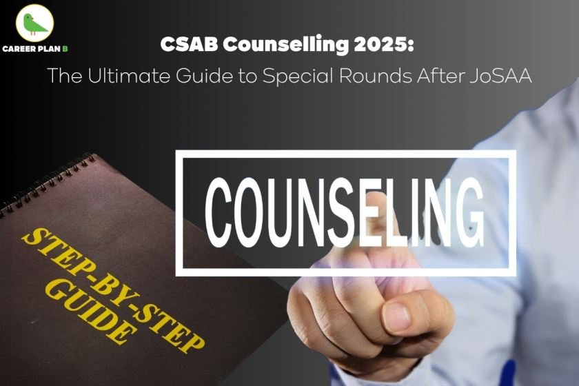 A graphic titled “CSAB Counselling 2025: The Ultimate Guide to Special Rounds After JoSAA.” The image features a person in a white shirt pointing toward a transparent rectangular overlay with the word “COUNSELING” written in bold white uppercase letters. To the left, there’s a brown spiral-bound notebook with the title “STEP-BY-STEP GUIDE” in large yellow text. The "Career Plan B" logo with a green bird icon appears in the top-left corner. The image visually emphasizes guidance and stepwise planning for CSAB special rounds after JoSAA.