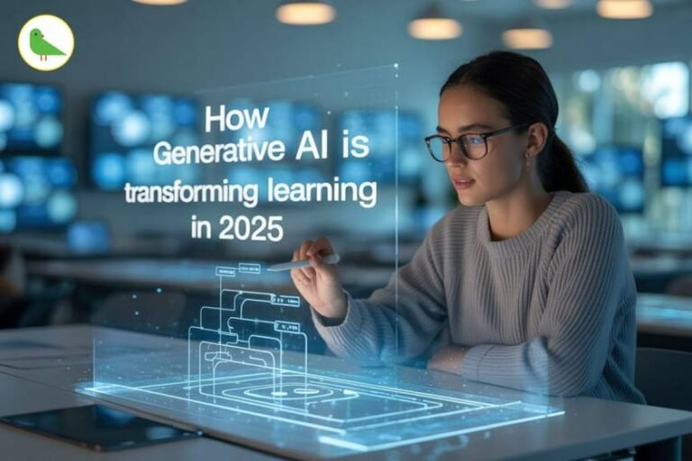 Professional woman with glasses interacting with holographic digital interface showing "How Generative AI is transforming learning in 2025" text, with green bird logo in top left corner, demonstrating generative AI transforming learning through futuristic technology in modern office environment with blue lighting and digital displays
