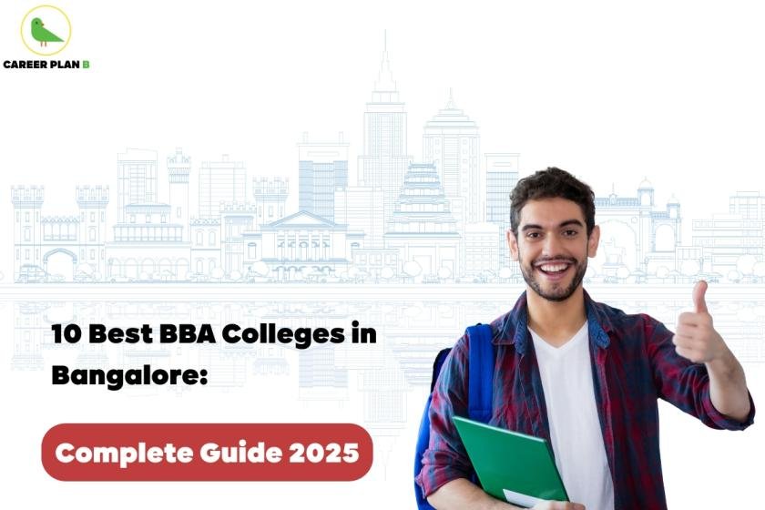 Smiling young man with beard wearing blue and maroon checkered shirt over white t-shirt, giving thumbs up gesture while holding green folder/notebook. Background features illustrated city skyline of Bangalore with modern buildings and skyscrapers in light blue tones. Text overlay reads '10 Best BBA Colleges in Bangalore:' in black text with red button stating 'Complete Guide 2025'. Career Plan B logo with green bird silhouette visible in top left corner. Image represents educational guidance for best BBA colleges in Bangalore admissions and information