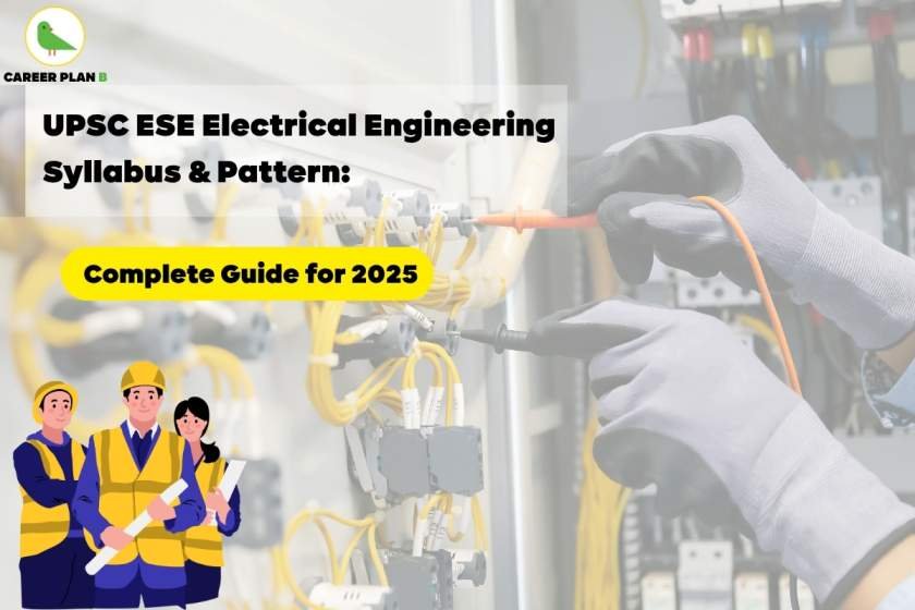 A banner image for "UPSC ESE Electrical Engineering Syllabus & Pattern: Complete Guide for 2025." The background shows a close-up of an electrical engineer's gloved hands working on complex wiring. In the foreground, there is bold black and yellow text highlighting the guide. At the bottom left, there's an illustration of three engineers holding plans, and the top left corner displays the "Career Plan B" logo with a green bird icon.
