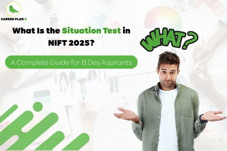 Educational infographic about what is NIFT Situation Test in 2025, showing a young man in an olive green button-up shirt over white t-shirt standing with both hands raised in a confused shrugging gesture, with a puzzled facial expression. The image features bold text asking 'What Is the Situation Test in NIFT 2025?' with 'Situation Test' highlighted in green. A green speech bubble contains 'WHAT?' in large letters. Below is a green banner stating 'A Complete Guide for B.Des Aspirants.' The background has geometric patterns and the Career Plan B logo with a green bird icon appears in the top left corner.