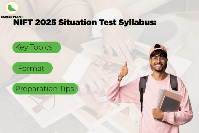 NIFT 2025 Situation Test Syllabus comprehensive guide featuring young Indian male student in pink hoodie with backpack holding study books, giving thumbs up gesture, with green buttons highlighting key topics, exam format, and preparation tips against geometric background with Career Plan B logo