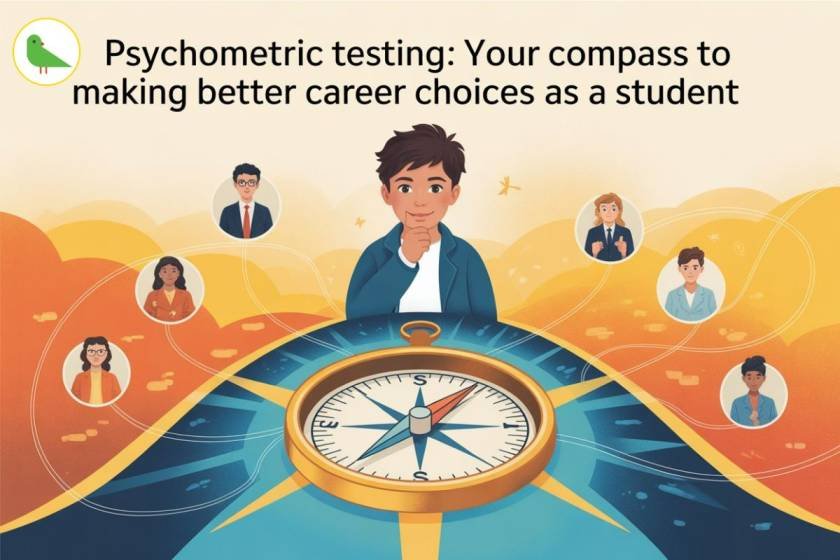 Illustrated compass surrounded by diverse student avatars with green bird logo in top left corner and title "Psychometric testing: Your compass to making better career choices as a student" showing psychometric testing for career choices concept with golden compass on orange-blue gradient background
