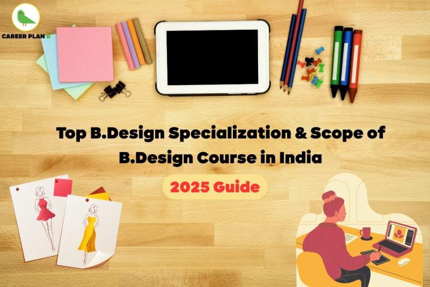 Flat lay image representing design education in India, including tablet, sketch pens, sticky notes, fashion sketches, and a student working on a laptop. Text overlay reads: 'Top B.Design Specialization & Scope of B.Design Course in India – 2025 Guide.' Ideal visual for content on top B.Des specializations and career scope in India.