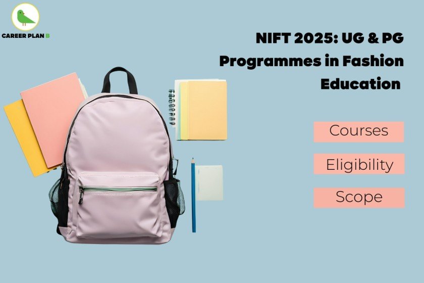 A detailed educational graphic for NIFT 2025 UG and PG courses, showcasing a pastel-colored backpack surrounded by spiral-bound notebooks, pencils, and notepads to symbolize academic life and preparation. The right section features prominent text highlighting “NIFT 2025: UG & PG Programmes in Fashion Education” along with attention-grabbing buttons for “Courses,” “Eligibility,” and “Scope.” The “Career Plan B” logo is visible at the corner for brand authenticity. This visual composition effectively communicates information about NIFT 2025 UG and PG fashion education courses, eligibility criteria, and career scope, optimizing the key phrase “NIFT 2025 UG and PG courses” for SEO enhancement.