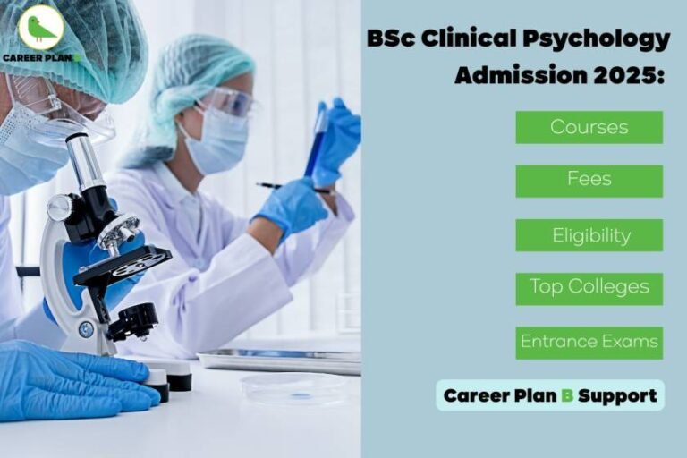A detailed promotional graphic for BSc Clinical Psychology Admission 2025, featuring laboratory professionals in sterile attire working with a microscope and scientific equipment, representing a clinical and academic environment. The right section of the image displays key informational blocks about "Courses," "Fees," "Eligibility," "Top Colleges," and "Entrance Exams" related to BSc Clinical Psychology Admission 2025, emphasizing educational guidance. The Career Plan B Support branding is visible in the design, reinforcing professional support for students pursuing clinical psychology careers. The composition highlights the academic, laboratory, and career-oriented nature of BSc Clinical Psychology Admission 2025, optimizing the key phrase for enhanced SEO.