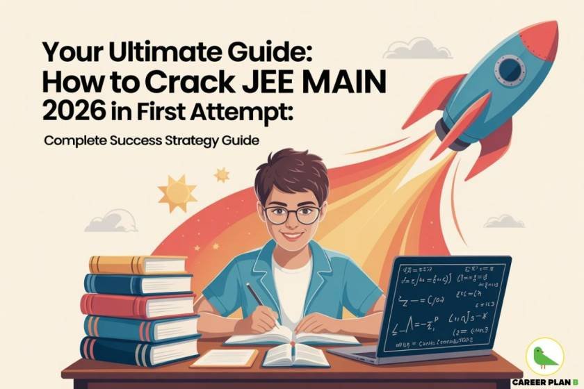 Illustrated banner showing a confident student wearing glasses, studying with a notebook and books stacked on one side and a laptop displaying mathematical equations on the other. A red and blue rocket launches behind him, symbolizing academic success and momentum. The title reads, “Your Ultimate Guide: How to Crack JEE MAIN 2026 in First Attempt – Complete Success Strategy Guide.” In the bottom-right corner, the Career Plan B logo featuring a green parrot inside a circular outline represents expert educational guidance. The visual emphasizes motivation and strategy to crack JEE Main 2026 in first attempt.