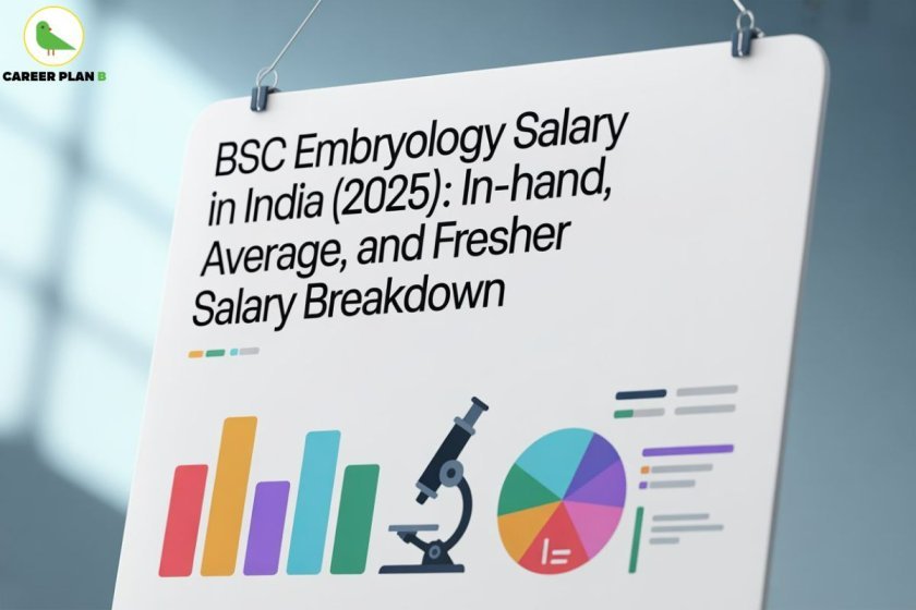 Educational infographic banner titled “BSC Embryology Salary in India (2025): In-hand, Average, and Fresher Salary Breakdown,” featuring colorful data visuals including a vertical bar graph, microscope icon, pie chart, and statistical indicators. The design hangs on clips against a blurred indoor background, symbolizing academic analysis and career planning. The top-left corner displays the Career Plan B logo with a green parrot inside a circular frame, representing expert guidance for life sciences careers. This visual content provides insights into BSc Embryology salary in India for freshers and professionals.