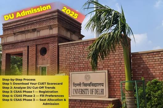 Delhi University admission 2025 step-by-step process guide showing Delhi University entrance with CUET scorecard and CSAS registration steps