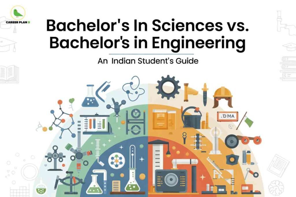 Colorful split illustration showing laboratory equipment, chemical flasks, molecules, and microscopes on the left side for Bachelor’s in Sciences, and engineering tools, gears, construction helmet, robotic arm, and machinery on the right side for Bachelor’s in Engineering, representing B.Sc and B.Tech career comparison for Indian students with Career Plan B logo.