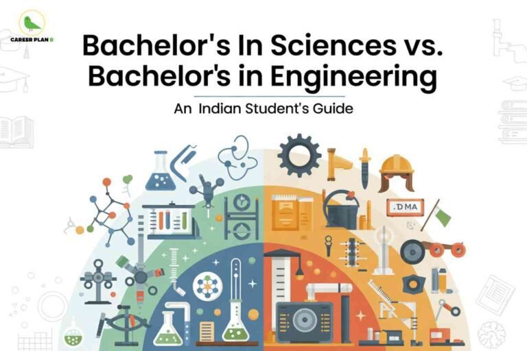 Colorful split illustration showing laboratory equipment, chemical flasks, molecules, and microscopes on the left side for Bachelor’s in Sciences, and engineering tools, gears, construction helmet, robotic arm, and machinery on the right side for Bachelor’s in Engineering, representing B.Sc and B.Tech career comparison for Indian students with Career Plan B logo.