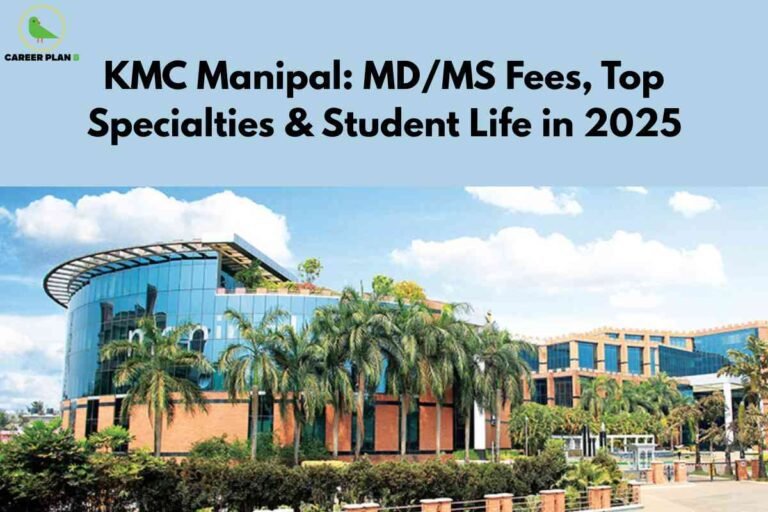 The image shows the modern glass exterior of Kasturba Medical College, Manipal, surrounded by lush palm trees and greenery, under a clear blue sky. Prominent text at the top announces details about MD/MS fees, top specialties, and student life at KMC Manipal in 2025, suggesting a comprehensive guide for prospective postgraduate students. In the upper left corner, the Career Plan B logo features a green bird inside a yellow circle, symbolizing expert educational guidance and support for medical career planning.