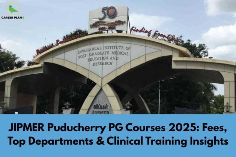 The image features the prominent entrance archway of Jawaharlal Institute of Post-Graduate Medical Education and Research (JIPMER) in Puducherry. The arch displays the institution’s name along with a golden emblem and celebratory "50 years" signage at the top. Below, a blue banner highlights information about PG courses at JIPMER Puducherry in 2025, including details on fees, top departments, and clinical training insights. The Career Plan B logo—a green bird inside a yellow circle—is visible in the top left corner, signifying trusted career guidance and support for medical aspirants exploring postgraduate opportunities.