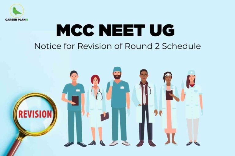 An illustrated banner for "MCC NEET UG Notice for Revision of Round 2 Schedule" features six healthcare professionals in various uniforms, holding medical accessories like clipboards and stethoscopes. On the left, there is a magnifying glass highlighting the word "REVISION," and in the upper left corner, a green bird logo with "CAREER PLAN B."