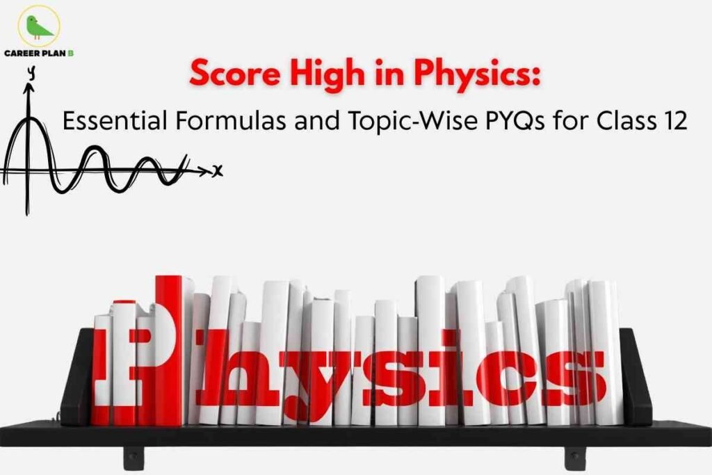 A neatly organized shelf with white books spells out the word Physics in bold red letters, under a header that reads Score High in Physics: Essential Formulas and Topic-Wise PYQs for Class 12, with a black graph and Career Plan B logo above, serving as a visual resource for students preparing for their Class 10 half-yearly exam.