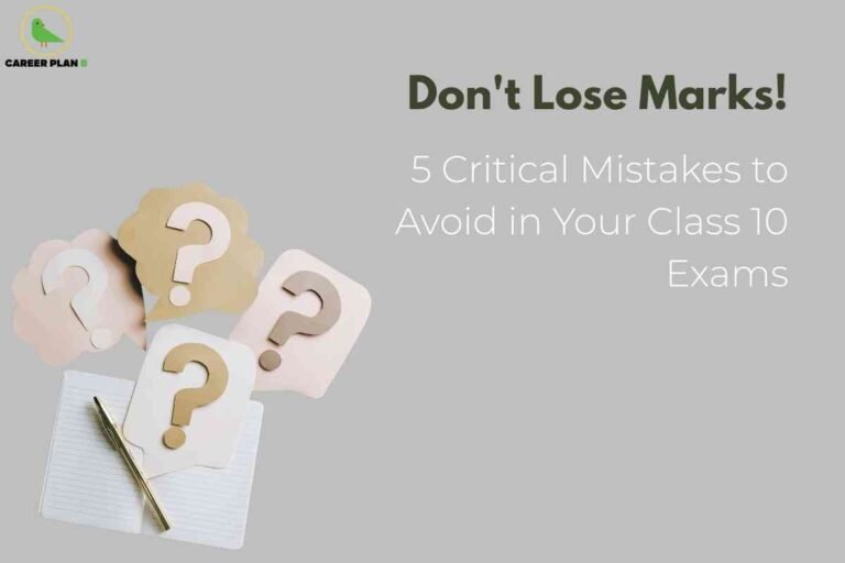 A soft-toned educational graphic illustrating common mistakes in Class 10 exams, with the headline “Don’t Lose Marks” and the text “5 Critical Mistakes to Avoid in Your Class 10 Exams” on a light grey background, featuring a notebook and gold pen surrounded by pastel-colored cards with three-dimensional question marks, subtly emphasizing uncertainty and tips for avoiding common mistakes in Class 10 exams.