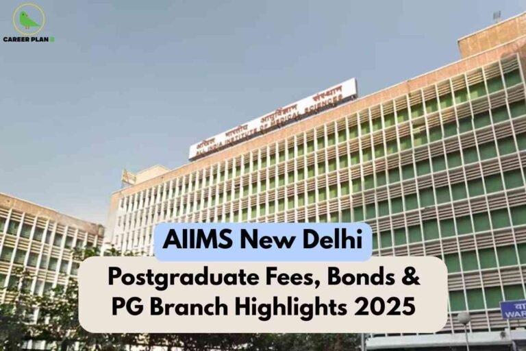 A clear, informative image for AIIMS New Delhi PG 2025, showing the iconic All India Institute of Medical Sciences (AIIMS) New Delhi building under a blue sky with its name board visible in Hindi and English, along with a prominent title overlay stating “AIIMS New Delhi Postgraduate Fees, Bonds & PG Branch Highlights 2025,” visually representing essential postgraduate admission details for the year 2025 at AIIMS New Delhi.