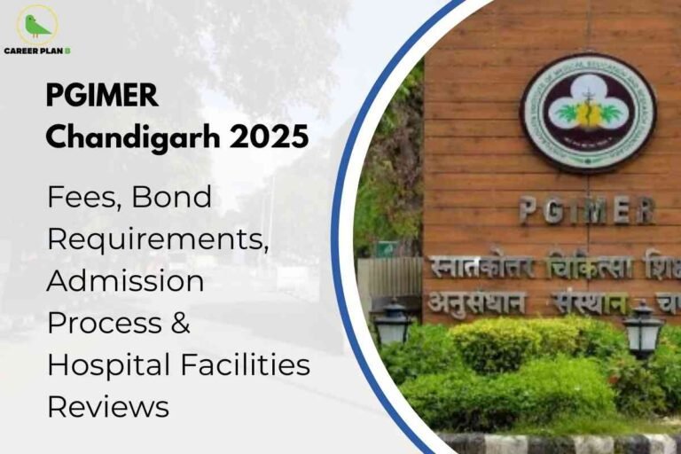 A detailed image for PGIMER Chandigarh PG 2025, displaying the prominent entrance signboard of the Postgraduate Institute of Medical Education and Research (PGIMER) Chandigarh with lush greenery, next to bold text highlighting “PGIMER Chandigarh 2025 Fees, Bond Requirements, Admission Process & Hospital Facilities Reviews,” effectively illustrating key postgraduate admission information and facilities for PGIMER in the year 2025.