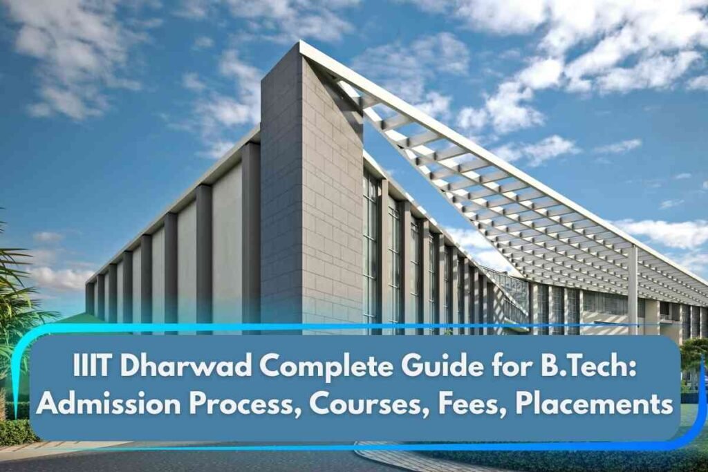 A modern educational image representing IIIT Dharwad B.Tech 2026, featuring the striking contemporary architecture of the IIIT Dharwad campus under a partly cloudy sky, with a bold text overlay that reads “IIIT Dharwad Complete Guide for B.Tech: Admission Process, Courses, Fees, Placements,” visually capturing the essence of the institute and summarizing key information about B.Tech admissions, academics, and placement opportunities for 2026.