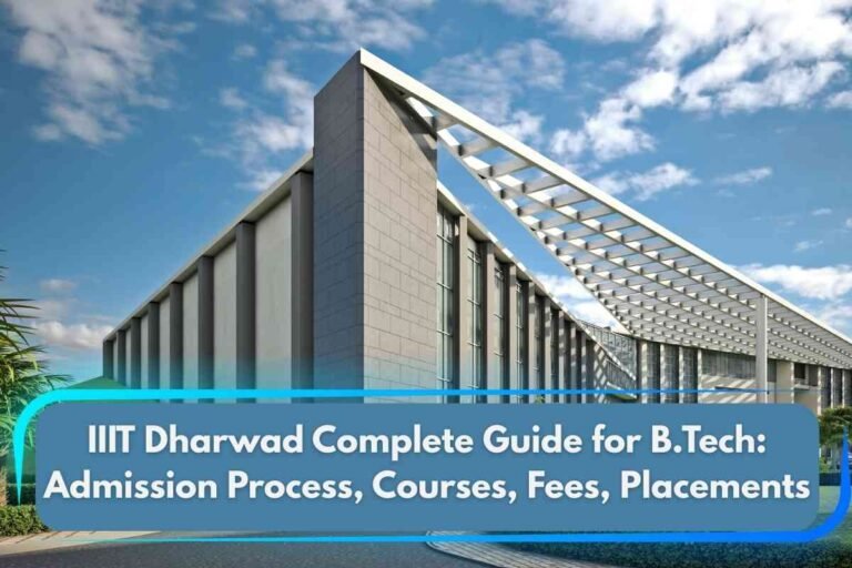 A modern educational image representing IIIT Dharwad B.Tech 2026, featuring the striking contemporary architecture of the IIIT Dharwad campus under a partly cloudy sky, with a bold text overlay that reads “IIIT Dharwad Complete Guide for B.Tech: Admission Process, Courses, Fees, Placements,” visually capturing the essence of the institute and summarizing key information about B.Tech admissions, academics, and placement opportunities for 2026.