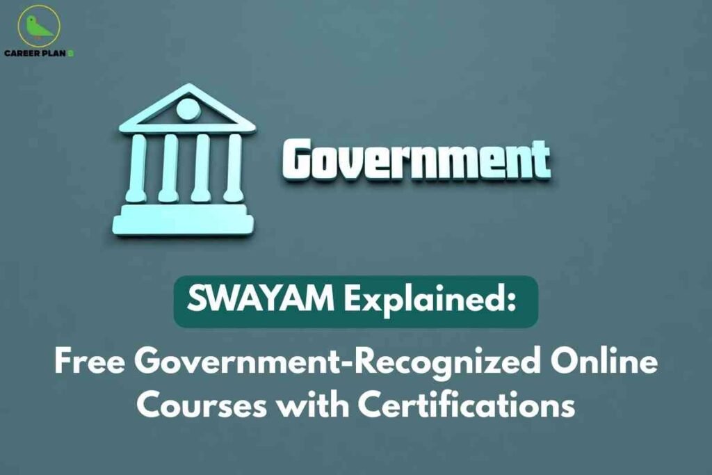 This image highlights the SWAYAM initiative for free government-recognized online courses with certifications. In the top left corner, a green bird logo is shown with the text “CAREER PLAN B.” The center displays a stylized icon of a government building, followed by the word “Government” in large, light blue 3D-style font. Below, a dark green banner contains the words “SWAYAM Explained:” in bold white text. The accompanying text states “Free Government-Recognized Online Courses with Certifications” in a lighter, prominent font. The background is a solid teal color, giving the image a formal and informative appearance focused on accessible, official online education opportunities.