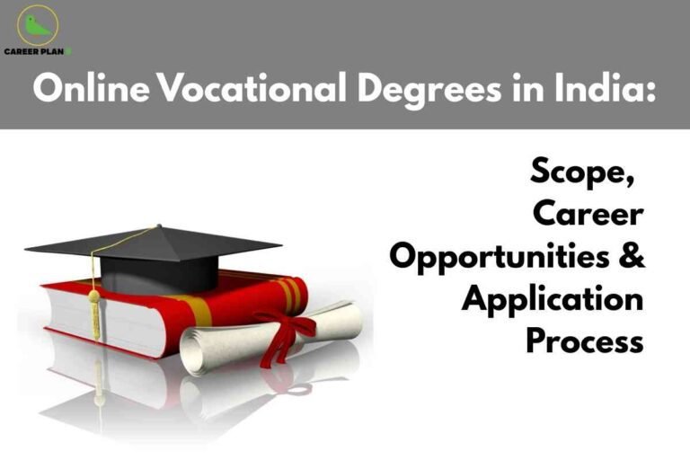 This image addresses online vocational degrees available in India. At the top left, a green bird logo with “CAREER PLAN B” appears on a grey banner. The main heading, “Online Vocational Degrees in India:”, is written in large, bold white text on the grey background. The lower section features a visual of a graduation cap resting on a thick red book, alongside a rolled-up diploma tied with a gold ribbon, all set against a white background. To the right of these items, bold black text lists the main topics: “Scope, Career Opportunities & Application Process.” The overall design suggests a focus on the range, career relevance, and application steps of online vocational programs in the country.