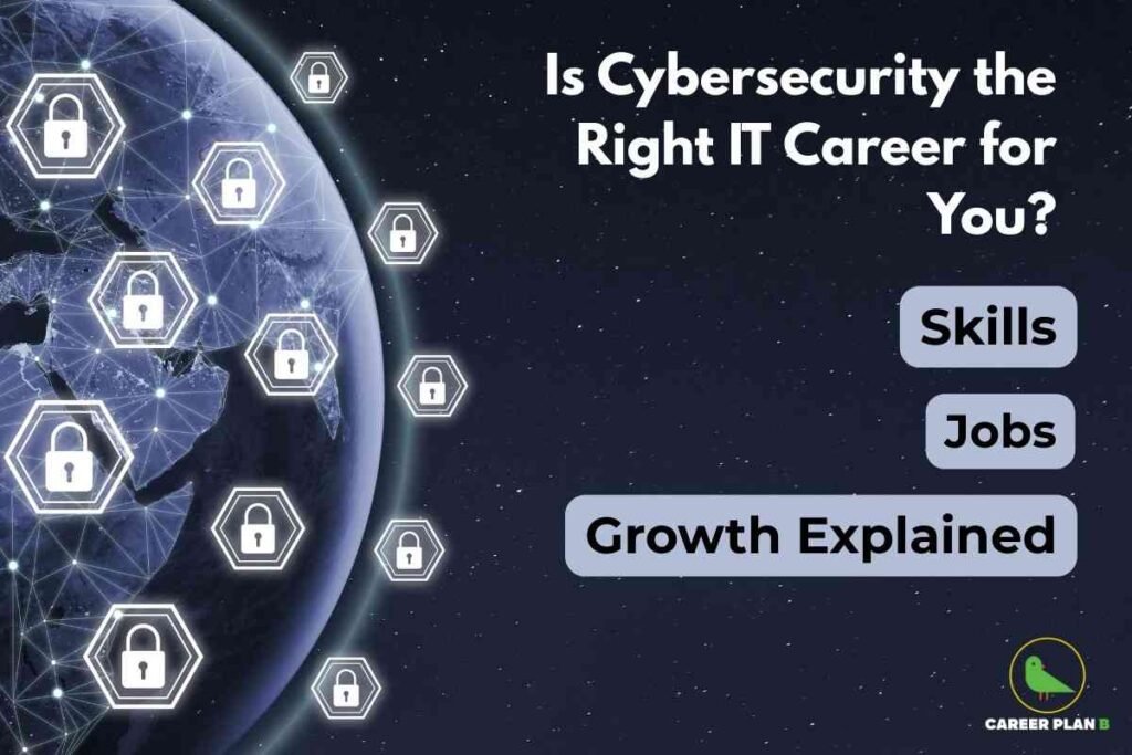 This image features a dark blue background with a prominent title in bold white letters reading “IT vs CSE in Cloud Careers.” Beneath the title, the image poses the question “Which Has More Opportunities?” in a large, clean font, signaling a focus on career comparison. At the center right, there is a glowing, stylized cloud icon with two arrows—one upward and one downward—indicating data transfer or cloud computing. Below the cloud, a hand is shown holding up a transparent, futuristic digital tablet, suggesting technological advancement and connectivity. In the lower right corner, there is a small green bird logo accompanied by the text “CAREER PLAN B,” reflecting the source or branding. The overall composition emphasizes a professional, modern look, encapsulating the theme of career decision-making between Information Technology (IT) and Computer Science Engineering (CSE) for cloud computing roles.