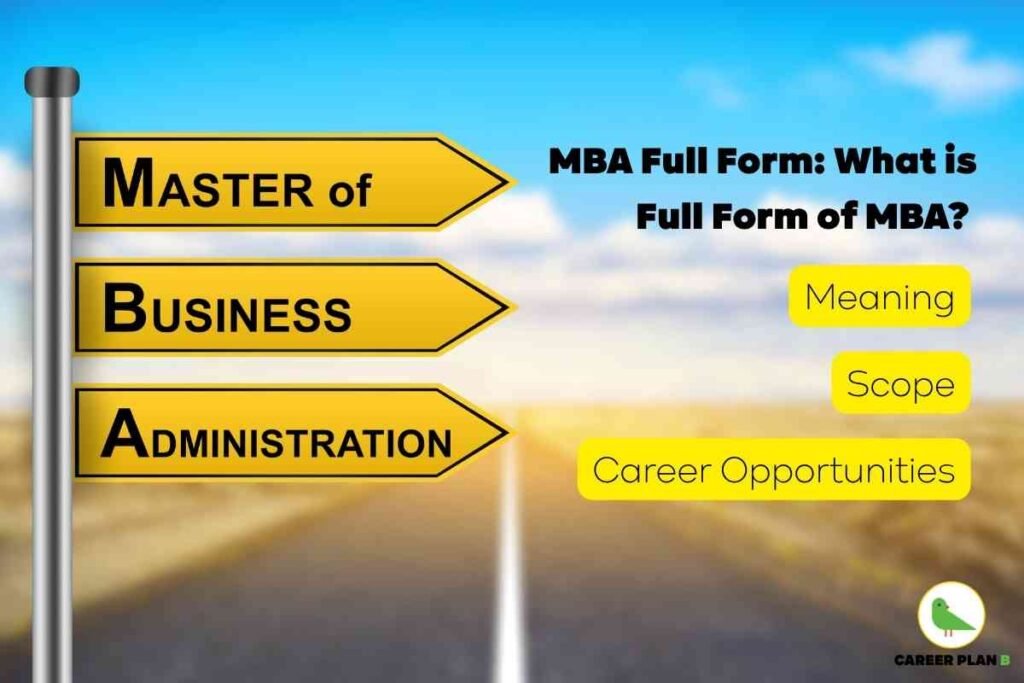 Informational graphic illustrating the full form of MBA. The left side features a metallic signpost with three yellow directional boards labeled in bold black text: “MASTER of,” “BUSINESS,” and “ADMINISTRATION,” with capital letters “M,” “B,” and “A” prominently displayed at the start of each board. On the right, large black text asks, “MBA Full Form: What is Full Form of MBA?” with additional yellow boxes below reading “Meaning,” “Scope,” and “Career Opportunities.” The background shows a bright blue sky and an open road stretching into the distance, symbolizing opportunities and future pathways. The Career Plan B logo—a green bird in a white circle with “CAREER PLAN B” text—appears in the lower right corner. The image clearly and visually conveys the expanded meaning of the MBA abbreviation—Master of Business Administration—alongside context about its significance, career scope, and opportunities.