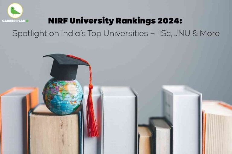 Informational banner about NIRF University Rankings 2024 spotlighting India's top universities, created by Career Plan B. The top section displays the Career Plan B logo—a green bird in a yellow circle with “CAREER PLAN B” text. Centered, bold black headline reads: “NIRF University Rankings 2024: Spotlight on India’s Top Universities – IISc, JNU & More.” The background is a sleek gray. Foreground prominently features a small globe balanced on a tall stack of books, illustrating global education. Atop the globe is a black graduation cap with a red tassel, symbolizing academic excellence and university achievement. Books arranged upright and stacked convey scholarship and research focus. The composition, including headline text, globe, academic cap, books, and branding, visually and textually heralds India’s leading universities per the NIRF 2024 rankings.