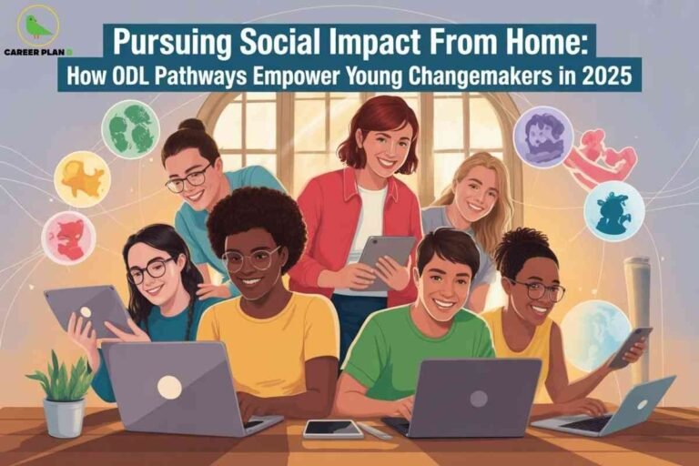 A vibrant illustration of a diverse group of young people collaborating in a cozy home setting, each working with laptops and tablets, surrounded by creative icons symbolizing positive social impact, all beneath a banner that reads “Pursuing Social Impact From Home: How ODL Pathways Empower Young Changemakers in 2025,” perfectly capturing the concept of ODL for social impact 2025 and how distance learning supports youth-driven change.