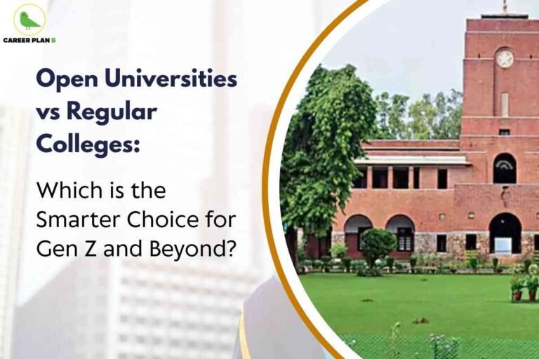 A comparative education graphic featuring a classic red-brick college building with a prominent clock tower and lush green lawn, alongside bold text that reads “Open Universities vs Regular Colleges: Which is the Smarter Choice for Gen Z and Beyond?”, visually representing the differences and decision-making process for modern students choosing between open universities and traditional campus colleges.