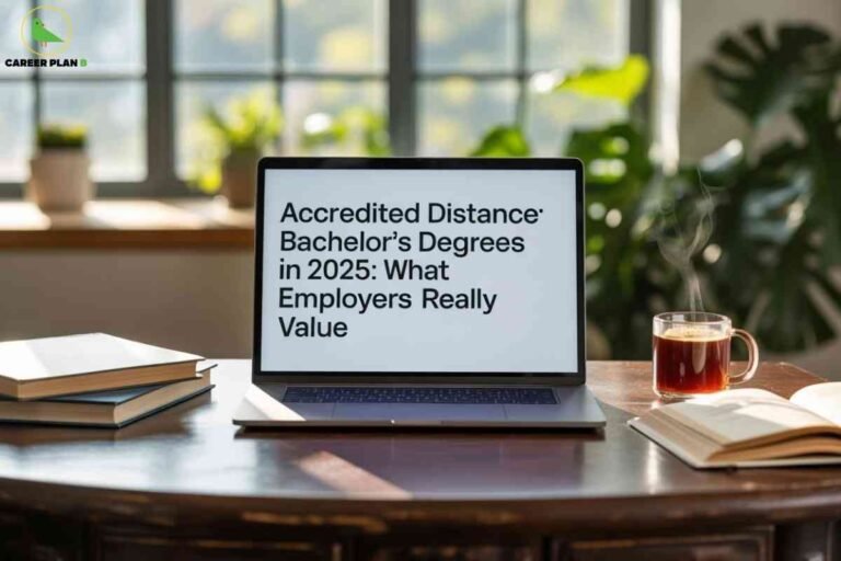 A bright, inviting workspace scene with a laptop on a wooden table displaying the text “Accredited Distance Bachelor’s Degrees in 2025: What Employers Really Value,” surrounded by stacked books and a steaming cup of tea in natural morning light, visually representing the theme of accredited distance bachelor’s degrees 2025 and their perceived value by employers.