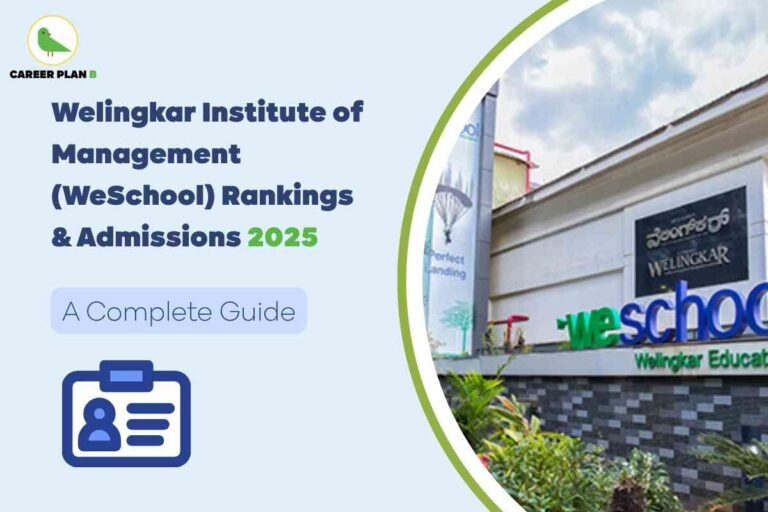 Informative promotional image for WeSchool MBA admission for 2025 by Career Plan B. The top left displays the Career Plan B logo with a green bird icon and text. Central text in bold navy blue reads: “Welingkar Institute of Management (WeSchool) Rankings & Admissions 2025,” with “2025” highlighted in green. Beneath, a rounded light blue box says “A Complete Guide,” accompanied by a dark blue ID card icon, symbolizing the admissions process. The right half of the image features the entrance of the Welingkar campus, showing the “WeSchool” name sign—‘we’ in green, ‘school’ in blue—set against a modern building facade with greenery and a partly cloudy sky. A large green arc frames the photo. All key visual and textual elements clearly present the theme of MBA admissions at WeSchool for 2025, referencing rankings, eligibility details, the admission guide, and institutional branding, and naturally integrate the phrase "WeSchool MBA admission."