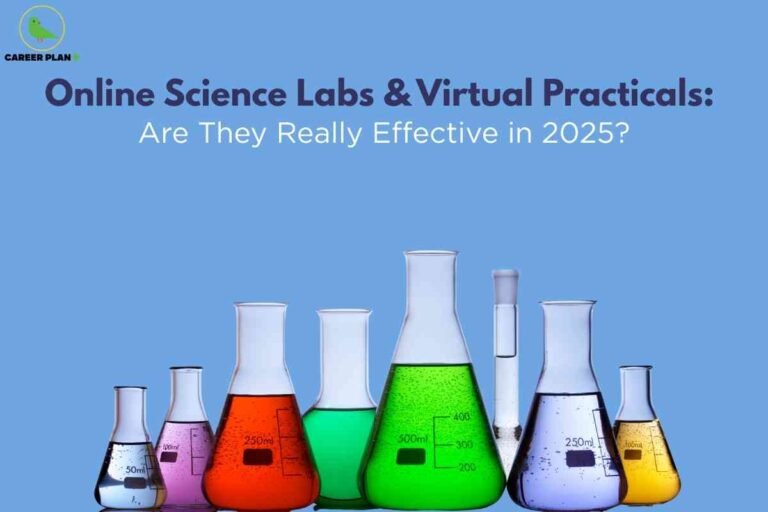 A vibrant science education image for online science labs 2025, featuring an array of laboratory glassware—including beakers and Erlenmeyer flasks—filled with colored liquids in blue, red, green, yellow, and purple against a solid blue background, with overlay text stating “Online Science Labs & Virtual Practicals: Are They Really Effective in 2025?”, visually representing digital science experiments and the evolving effectiveness of virtual practicals in modern education.