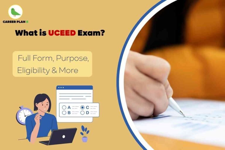 Promotional image explaining the UCEED exam, created by Career Plan B. The upper left features the Career Plan B logo—a green bird with “CAREER PLAN B” text in black. Centered, a bold black headline asks, “What is UCEED Exam?” with “UCEED” highlighted in red. Below, a yellow rectangle contains the text: “Full Form, Purpose, Eligibility & More.” The right side shows a close-up of a hand holding a pen and filling an answer sheet, representing the exam-taking process. In the lower left, an illustration depicts a student with short dark hair working at a laptop, with an OMR answer sheet and a blue alarm clock nearby, emphasizing preparation and time management. The overall design uses soft beige and blue backgrounds, integrating branding, exam context, and key text about UCEED exam 2026 without mentioning any facial details.
