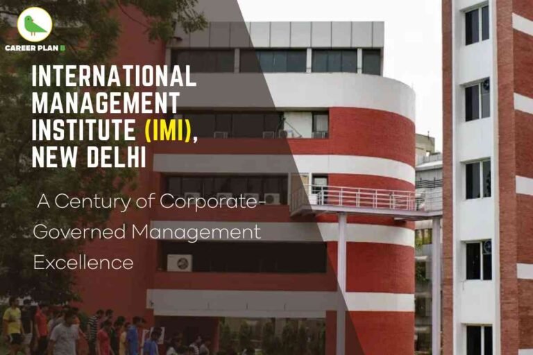 Promotional image for IMI Delhi admission, created by Career Plan B. The background features the distinctive red and white curved facade of the International Management Institute (IMI), New Delhi, with large windows and a pedestrian bridge connecting buildings. The left side has bold white text: “International Management Institute (IMI), New Delhi” with “IMI” highlighted in yellow. Below, smaller white text reads: “A Century of Corporate-Governed Management Excellence.” The Career Plan B logo—a green bird in a white circle with “CAREER PLAN B” text—appears in the upper left corner. In the lower section, a group of students is visible entering or leaving the campus, symbolizing student life and admissions activity. The image visually and textually emphasizes key details related to IMI Delhi admission, including campus architecture, branding, and the phrase "IMI Delhi admission."