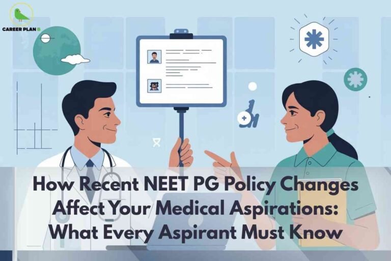 An informative illustration for NEET PG policy changes 2025, depicting a doctor and a medical student in discussion in a modern setting with medical icons and documents, along with bold overlay text that reads “How Recent NEET PG Policy Changes Affect Your Medical Aspirations: What Every Aspirant Must Know,” visually conveying the impact of updated NEET PG policies on medical career planning for aspiring postgraduate students.