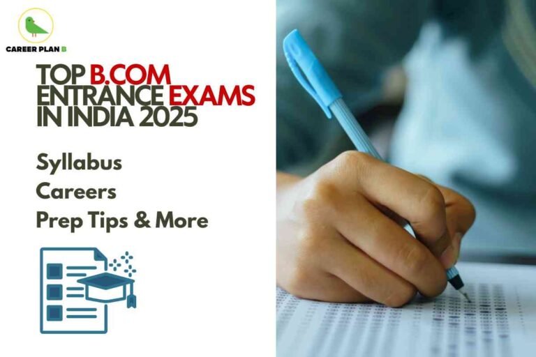 Promotional image for top B.Com entrance exams in India 2025 by Career Plan B. The left side features the Career Plan B logo—a green bird and “CAREER PLAN B” text. Prominent bold headline reads “Top B.Com Entrance Exams in India 2025” with “B.COM” and “EXAMS” highlighted in red. Below the headline, brown text lists “Syllabus, Careers, Prep Tips & More.” The lower left shows an icon of a document checklist and a graduation cap, symbolizing exam preparation and academic success. The right side displays a close-up of a hand holding a blue pen, marking answers on an OMR sheet—representing a competitive exam setting. The overall image clearly presents key visual and textual elements about B.Com entrance exams in India for 2025, including exam preparation and career topics, and incorporates the phrase "B.Com entrance exams India."