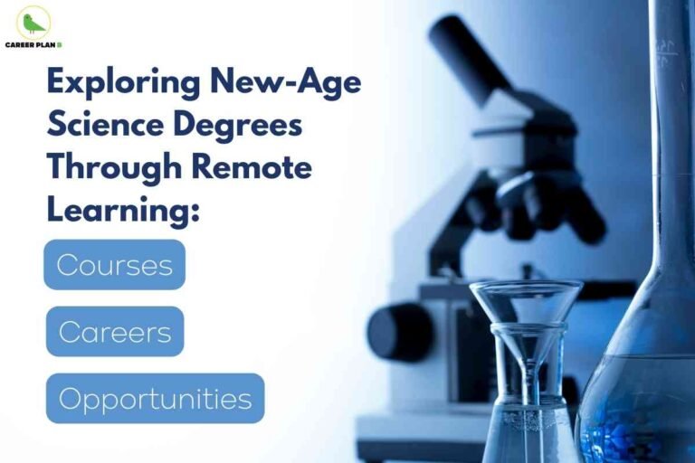 A modern laboratory setup with a microscope and glass flasks filled with blue liquid placed on a desk, alongside bold text highlighting exploring new age science degrees through remote learning with focus on courses careers and opportunities, representing the growing demand for online science degrees 2025.