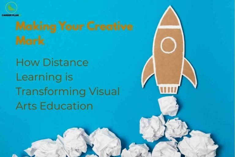 A creative flat lay showing a cardboard rocket surrounded by crumpled white paper against a bright blue background with text about making your creative mark and how distance learning is transforming visual arts education, symbolizing innovation and growth in visual arts distance learning.