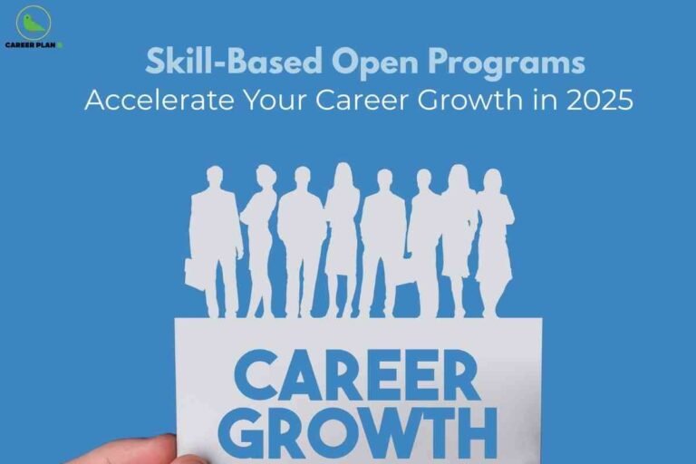 A cutout illustration of professionals standing together on a blue background with bold text about skill based open programs and accelerate your career growth in 2025 symbolizing how career growth programs help individuals enhance skills and achieve professional success.