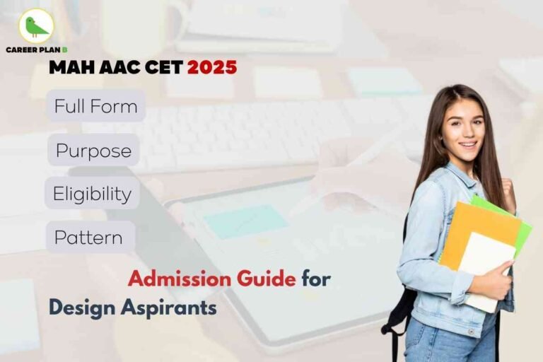 Informative admission guide banner for MAH AAC CET 2025 designed for design aspirants. The top left displays the Career Plan B logo with a green bird icon and “CAREER PLAN B” text. Centered bold headline reads “MAH AAC CET 2025” with “2025” highlighted in red. On the left, four rounded gray buttons list key info: “Full Form,” “Purpose,” “Eligibility,” and “Pattern.” The lower section features contrasting text that states “Admission Guide for Design Aspirants.” The background contains a soft-focus image of a workspace with a keyboard, notebook, and a person holding colorful folders, suggesting an academic, preparatory environment. The overall design clearly emphasizes guidance for the Maharashtra Applied Arts and Crafts Common Entrance Test 2025, featuring all relevant textual elements and branding without referencing any facial features.